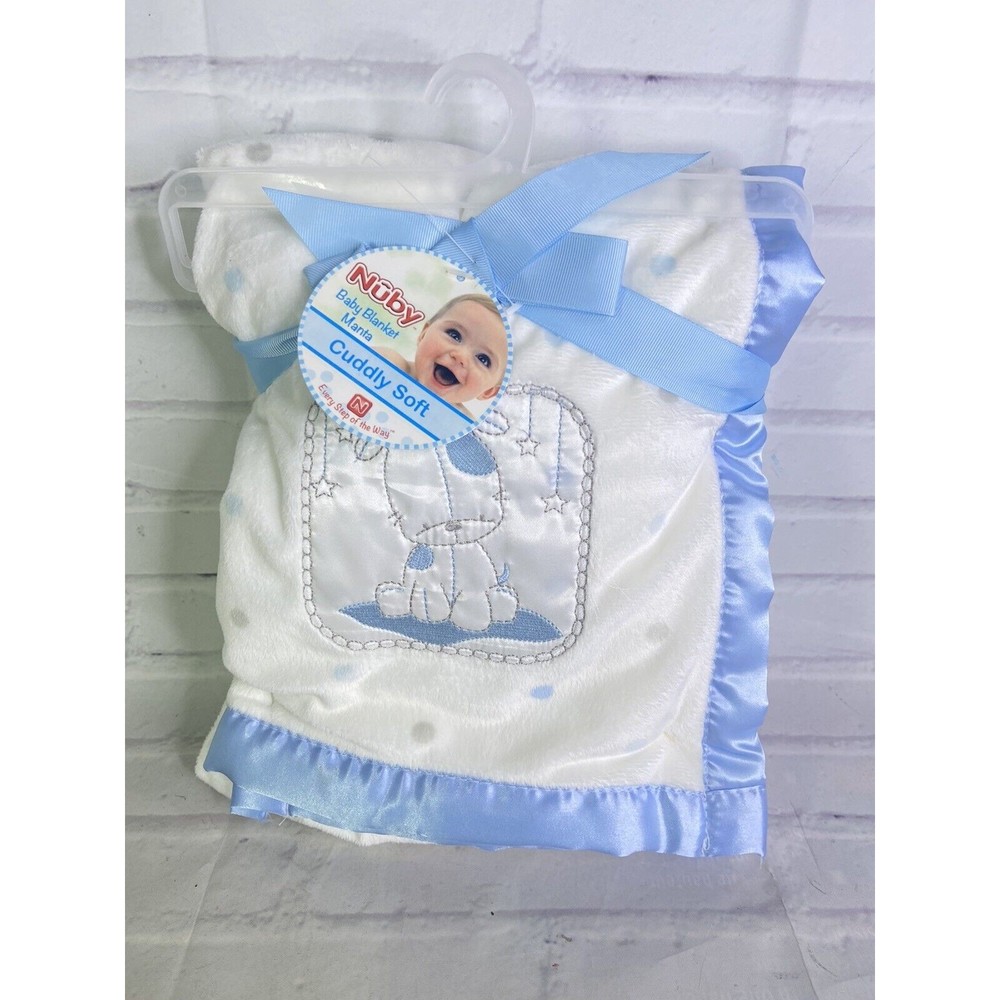Nuby Puppy Dog Satin Patch White Blue Gray Polka Dot Baby Blanket Lovey Security